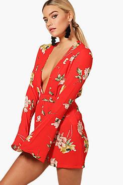 Boohoo Floral Wide Sleeve Ruffle Hem Playsuit