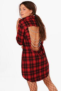 Boohoo Eva Checked Chain Back Shirt Dress