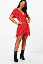 Boohoo Alana Wrap Spot Print Frll Detail Tea Dress