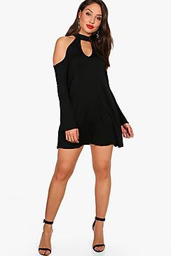 Boohoo Cold Shoulder Choker Swing Dress