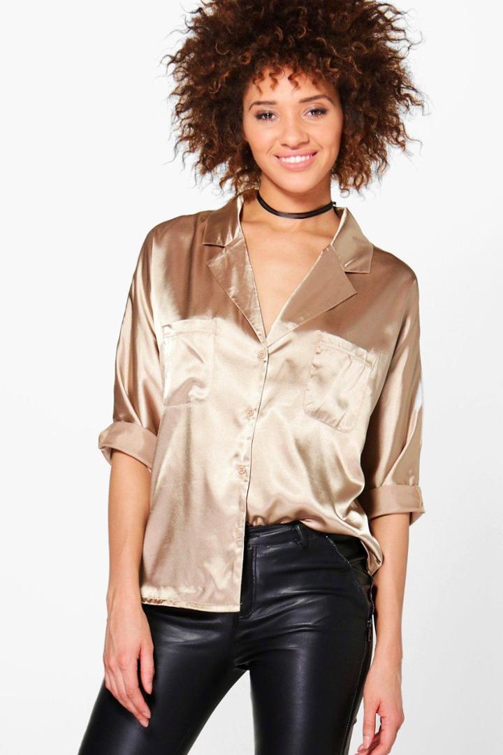Boohoo Taylor Revere Collar Satin Long Sleeved Shirt Sand
