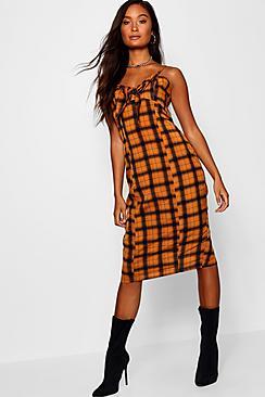 Boohoo Check Tie Front Midi Dress