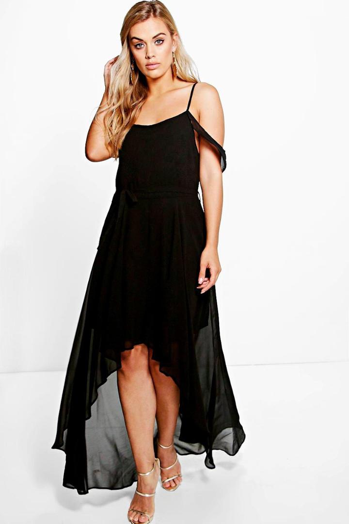 Boohoo Plus Liz Chiffon Frill Open Shoulder Dress Black