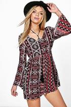Boohoo Lisa Open Back Tassle Print Smock Dress