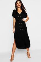 Boohoo Woven Double Breasted Horn Button Split Midi Dress
