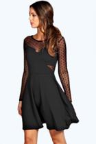 Boohoo Sophia Dot Mesh Skater Dress Black
