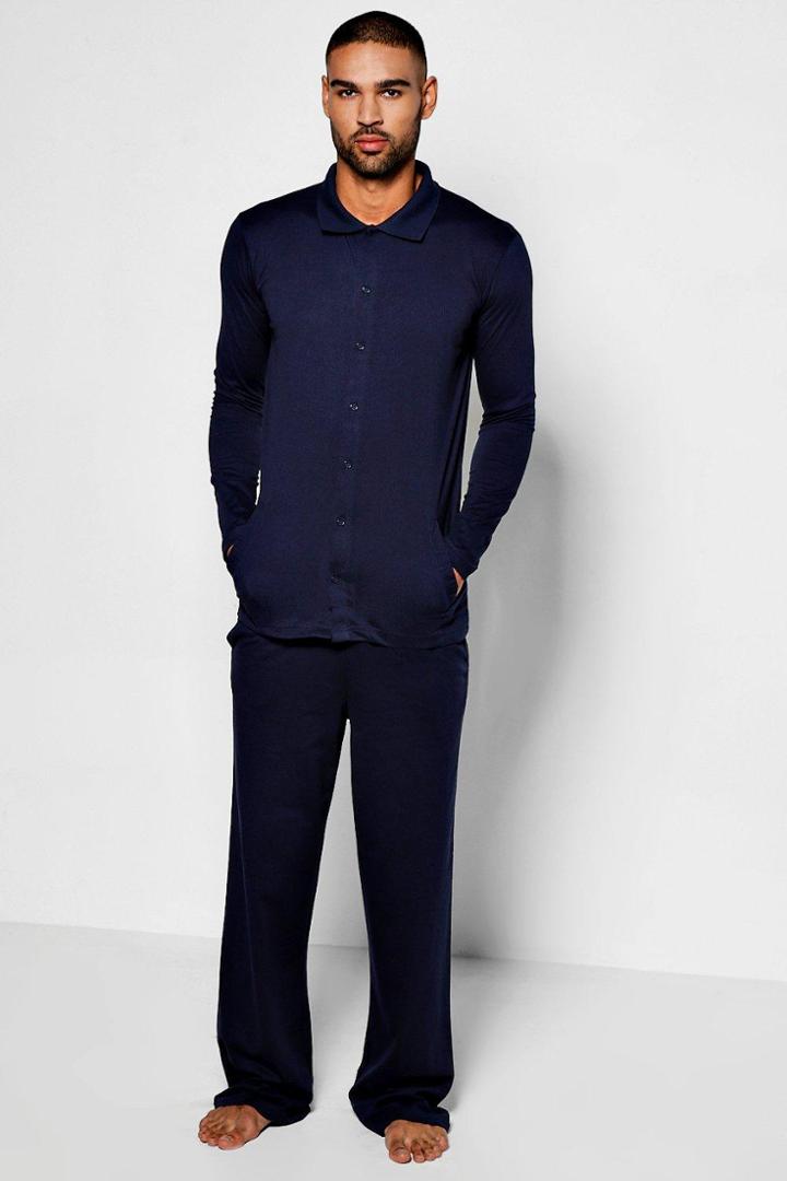 Boohoo Buttton Through Polo Lounge Set Navy
