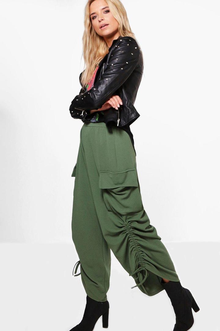 Boohoo Alia Pocket Side Rouched Leg Utility Trousers Khaki