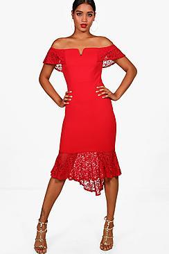 Boohoo Lace Frill Off The Shoulder Midi Dress