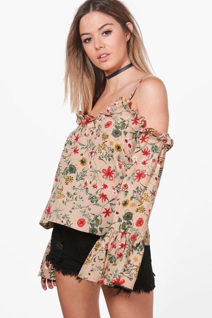 Boohoo Petite Fifi Floral Print Open Shoulder Woven Top Pink