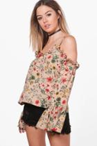 Boohoo Petite Fifi Floral Print Open Shoulder Woven Top Pink