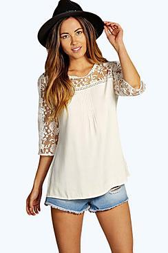 Boohoo Leila Crochet Panel 3/4 Sleeve Blouse