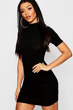 Boohoo High Neck Rib Knit Bodycon Mini Dress