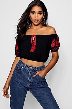 Boohoo Katie Gypsy Embroided Bardot Top