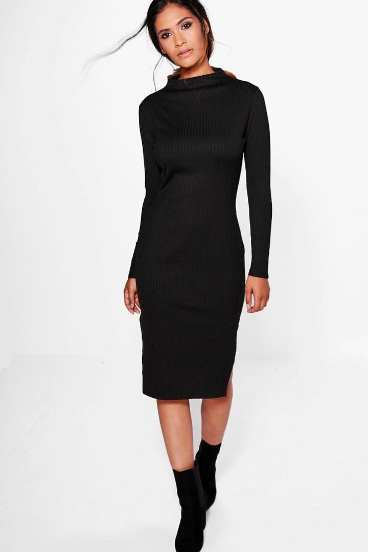 Boohoo Annie Long Sleeve Ribbed Midi Dress Black