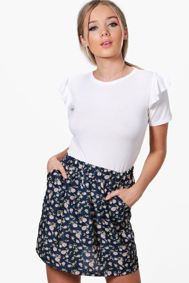 Boohoo Elizabeth Floral Print Skirt With Pockets Navy