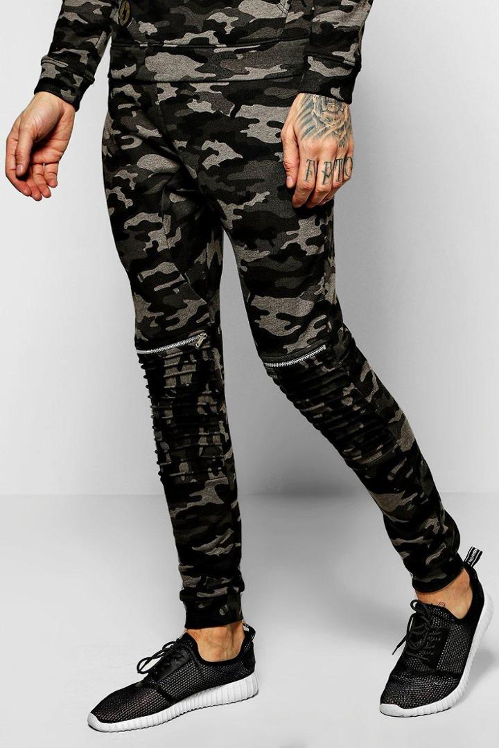 Boohoo Skinny Fit Camo Biker Joggers With Zips Black