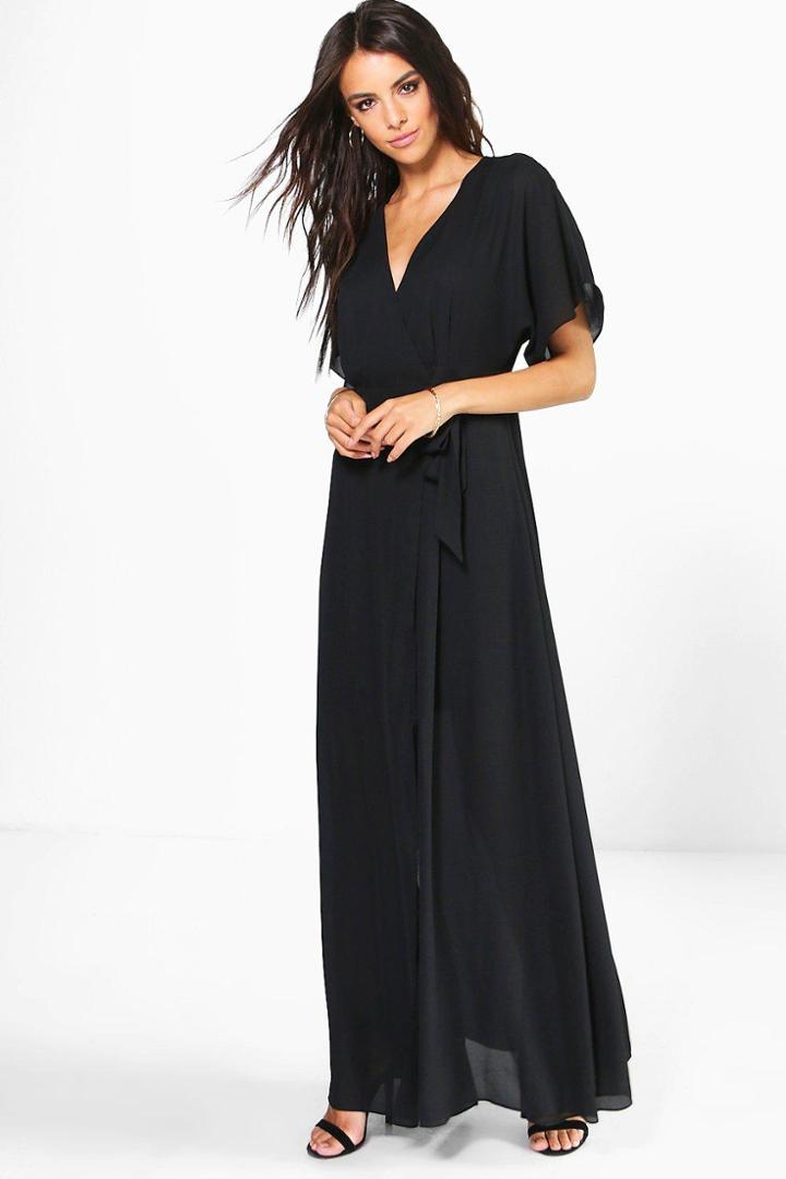 Boohoo Milly Chiffon Kimono Sleeve Wrap Maxi Dress Black