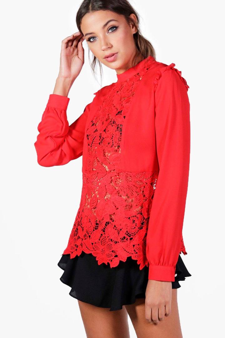 Boohoo Tall Elise Premium Lace Woven Shirt Red