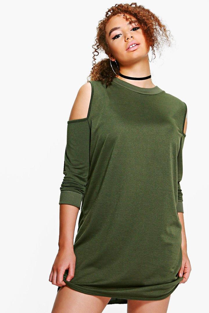 Boohoo Plus Amelia Open Shoulder Sweat Dress Khaki