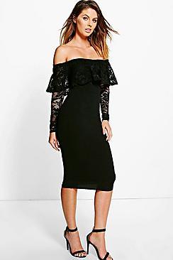 Boohoo Di Lace Off Shoulder Midi Bodycon Dress