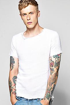 Boohoo Raw Edge Marble Wash Textured Scoop Hem T Shirt