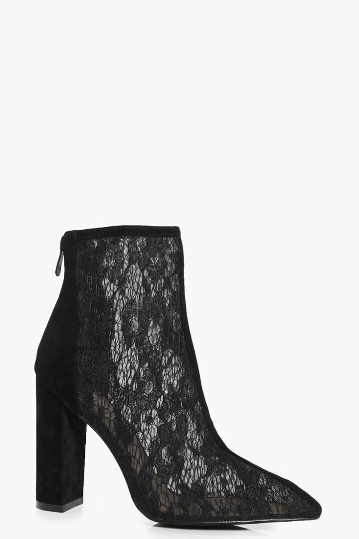 Boohoo Lara Pointed Lace Block Heel Boot Black