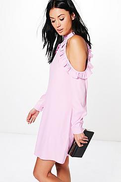 Boohoo Lia Cold Shoulder Ruffle Sleeve Shift Dress
