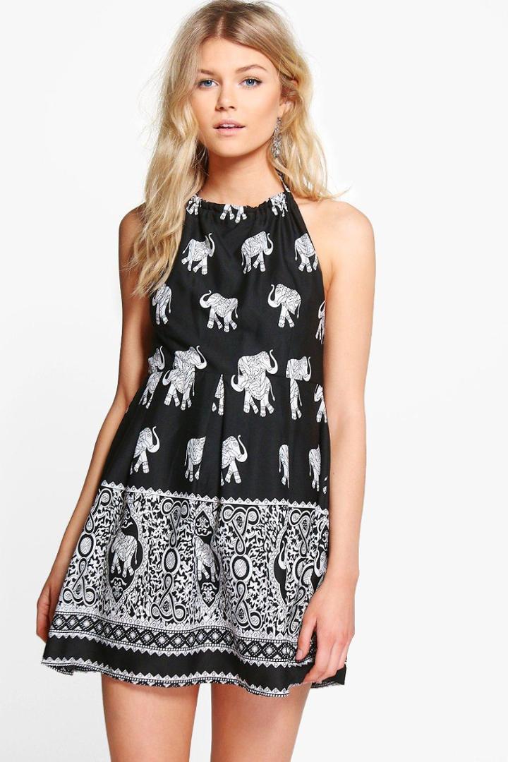 Boohoo Petite Lottie Elephant Print Halterneck Sundress Black