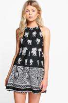 Boohoo Petite Lottie Elephant Print Halterneck Sundress Black
