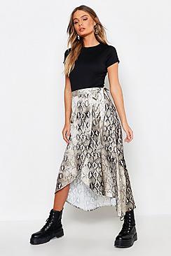 Boohoo Satin Snake Print Wrap Midaxi Skirt