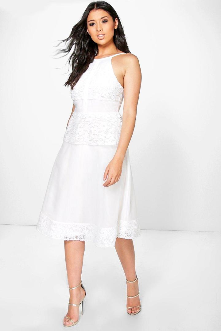 Boohoo Boutique Eva Crochet Panelled Strappy Midi Skater Dress Ivory