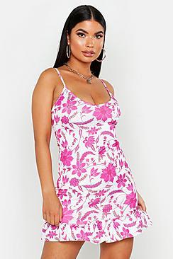 Boohoo Petite Ruffle Hem Floral Print Bodycon Dress