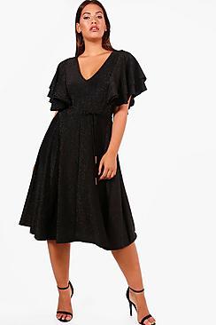 Boohoo Plus Katie Glitter Angel Sleeve Tie Midi Skater