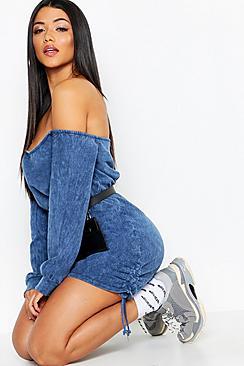 Boohoo Off Shoulder Ruched Side Acid Wash Sweatshirt Dress