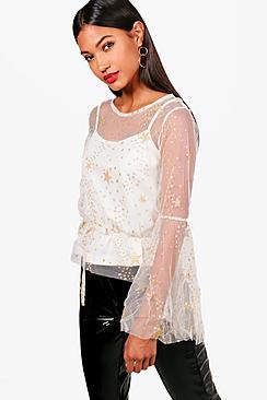 Boohoo Mica Star Mesh Wide Sleeve Top