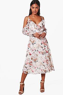 Boohoo Darcey Chiffon Floral Frill Midi Skater Dress