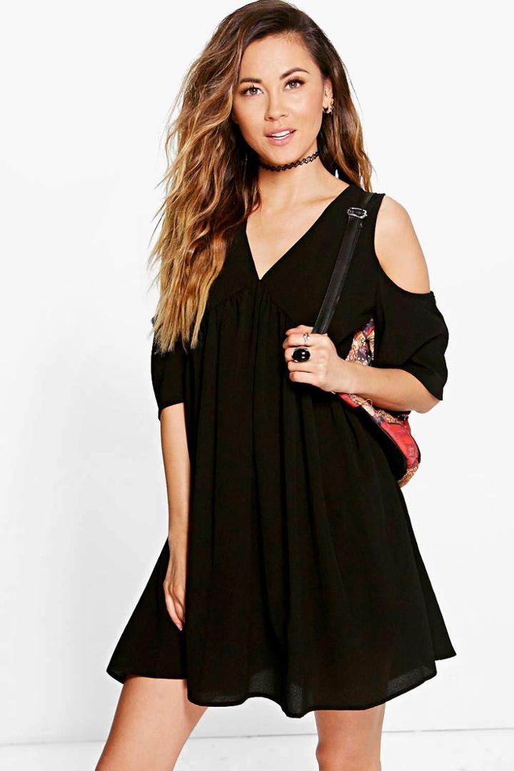 Boohoo Lostrice Cold Shoulder Smock Dress Black
