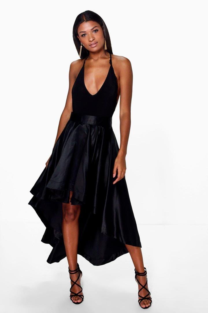 Boohoo Annia Satin Dipped Hem Full Maxi Skirt Black