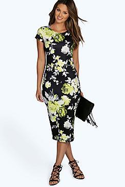 Boohoo Savarine Floral Midi Bodycon Dress