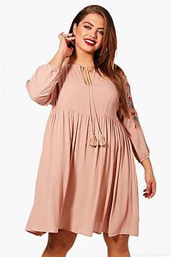 Boohoo Plus Embroidered Sleeve Skater Dress