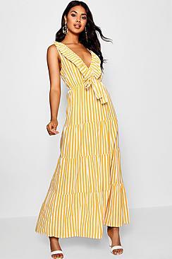 Boohoo V Neck Ruffle Tier Maxi Dress