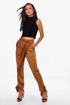 Boohoo Amira Matte Satin Ankle Tie Slim Fit Trousers Camel