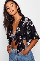 Boohoo Petite Floral Flared Sleeve Tie Crop Top