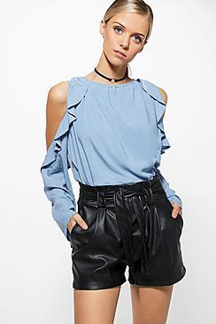 Boohoo Olivia Oversized Ruffle Woven Cold Shoulder Top