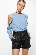 Boohoo Olivia Oversized Ruffle Woven Cold Shoulder Top