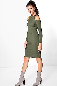 Boohoo Hayley Cold Shoulder Ribbed Midi Dress