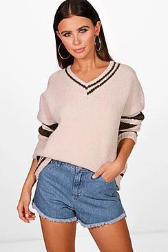 Boohoo Petite Harriet Varsity Stripe Sleeve Jumper