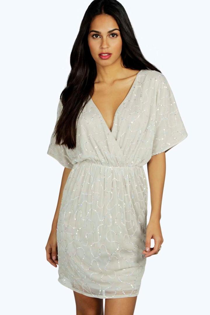 Boohoo Boutique Raluk Embellished Wrap Dress Grey