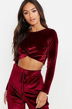 Boohoo Petite Velvet Twist Front Long Sleeve Top